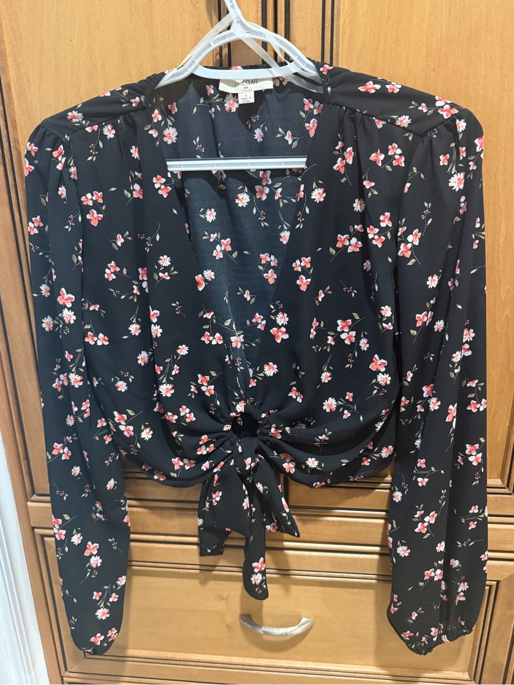 Black Tie-Front Blouse with Pink Floral Print